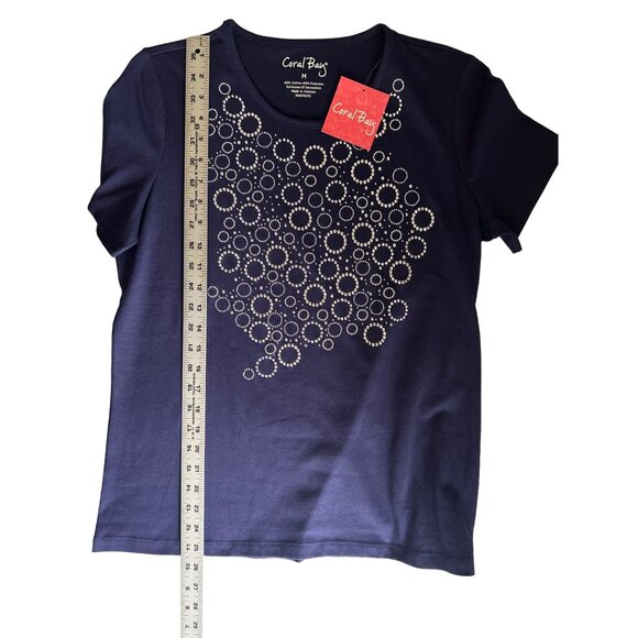 Coral Bay Women's Short Sleeve Navy Top With Rhinestone Circle Design, Size Med - Picture 6 of 7